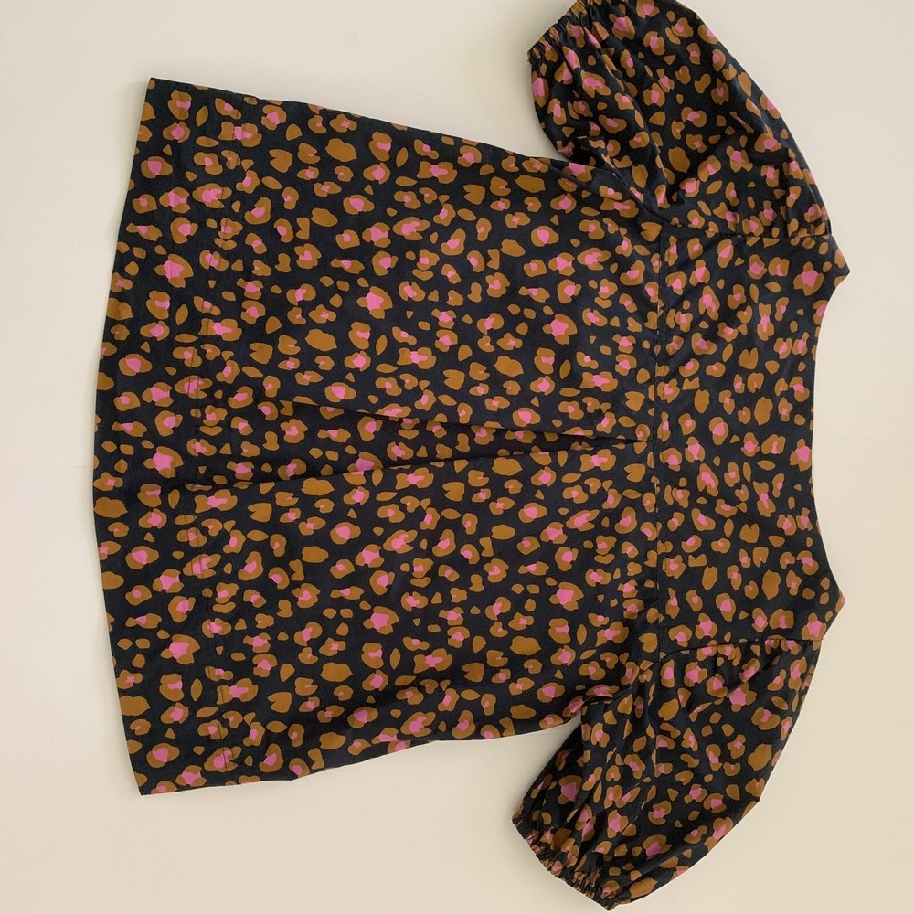 J Crew Snow Leopard Animal Print Cotton Puff Sleeve Top Navy Pink XS 0 2 4 - Picture 6 of 6